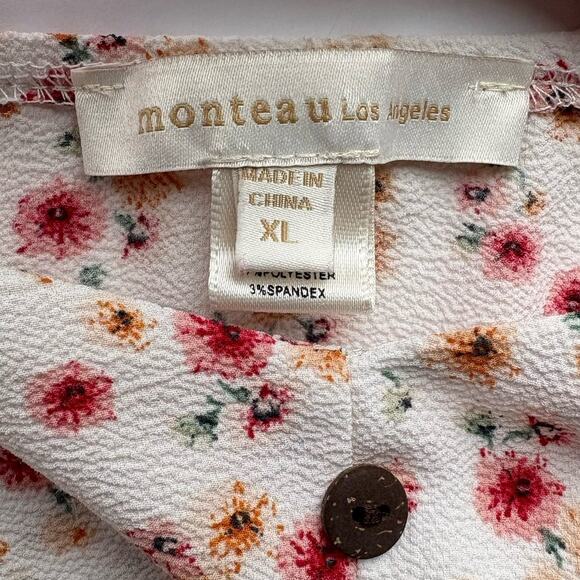 Monteau XL Floral Crop Top Puff Sleeve Smocked Waist Blouse Y2K Cottagecore - Picture 3 of 8